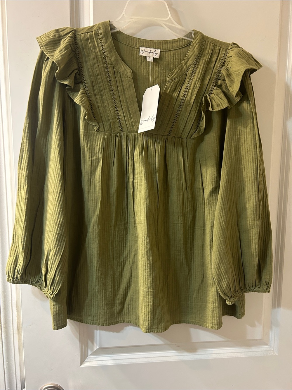 Wonderly Olive Green Ruffle-Yoke V-Neck Blouse